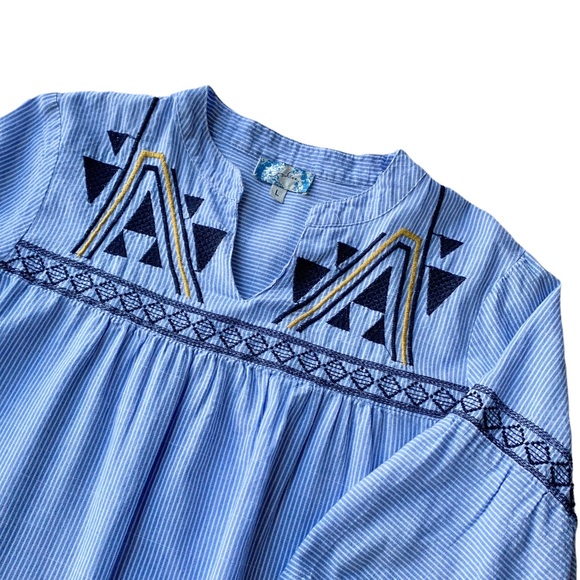 Blue White Stripes & Upper Embroidery Tunic Dress - Picture 3 of 11